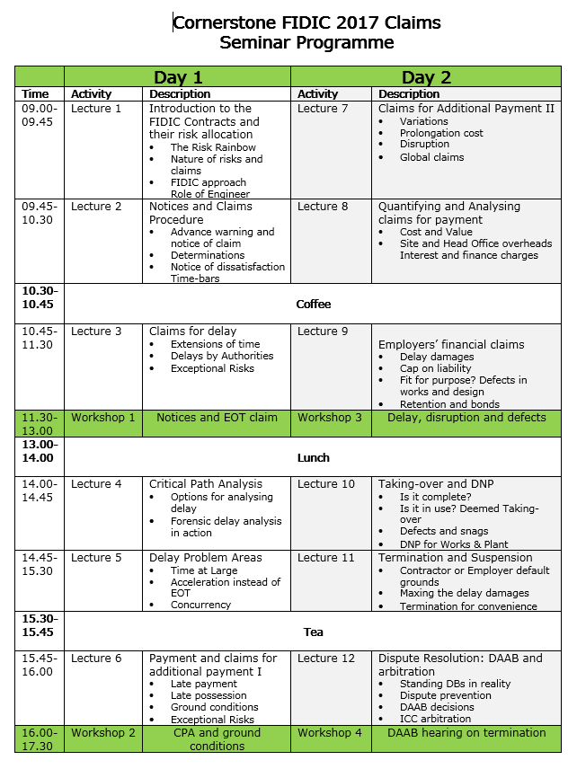 FIDIC 2017 Claims seminar timetable